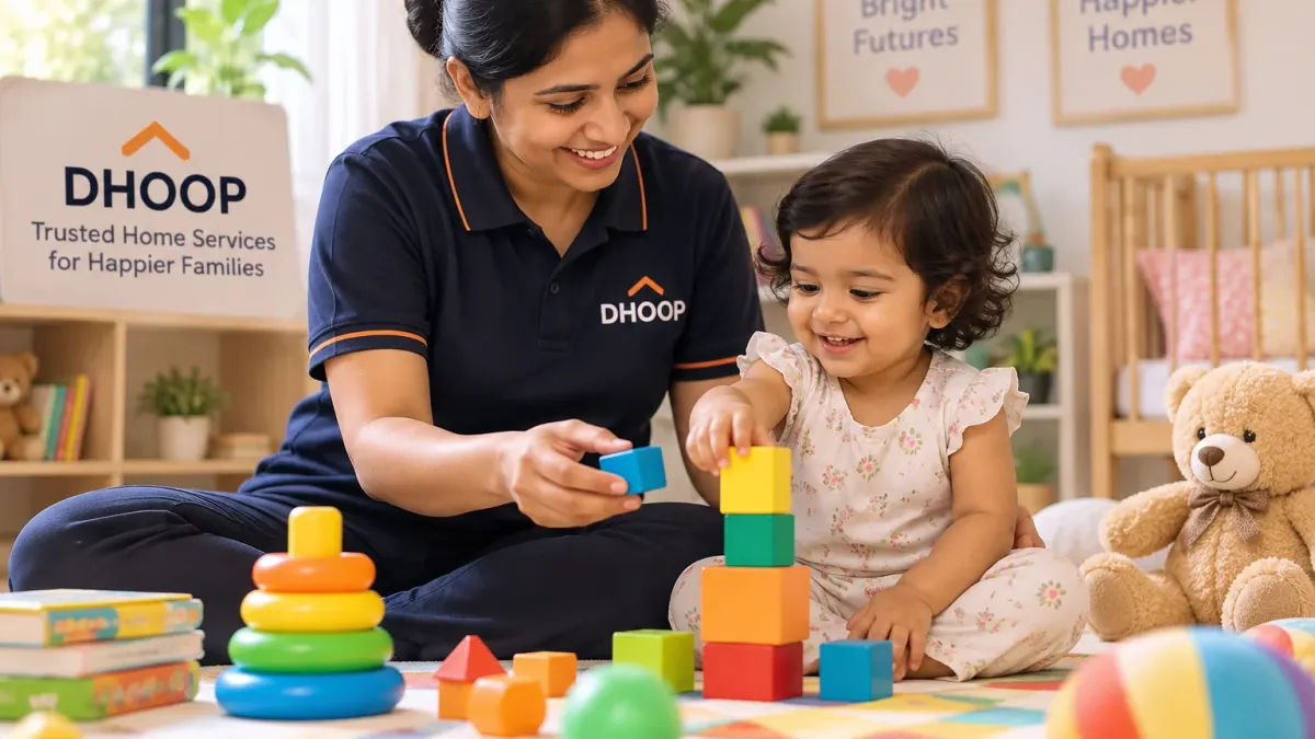 Babysitter playing with toddler at home in Rudrapur