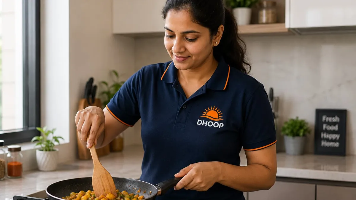 Home cook preparing a meal in a Rudrapur household kitchen