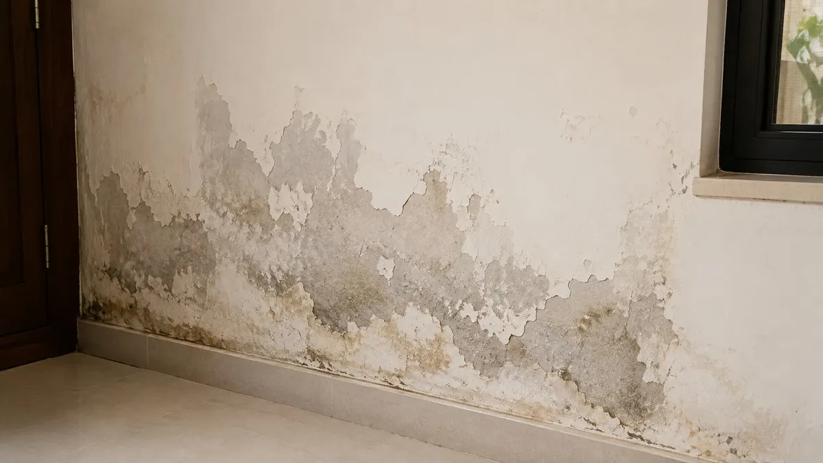 Dampness and peeling paint on a wall in a house