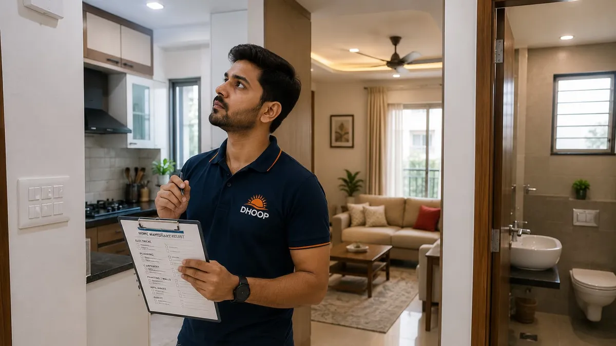 Man reviewing a home checklist on a clipboard inside a flat