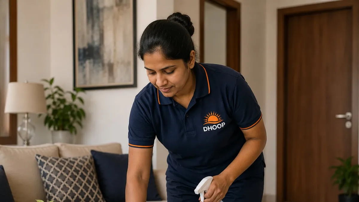 Part-time maid in Rudrapur cleaning a family home during her morning shift