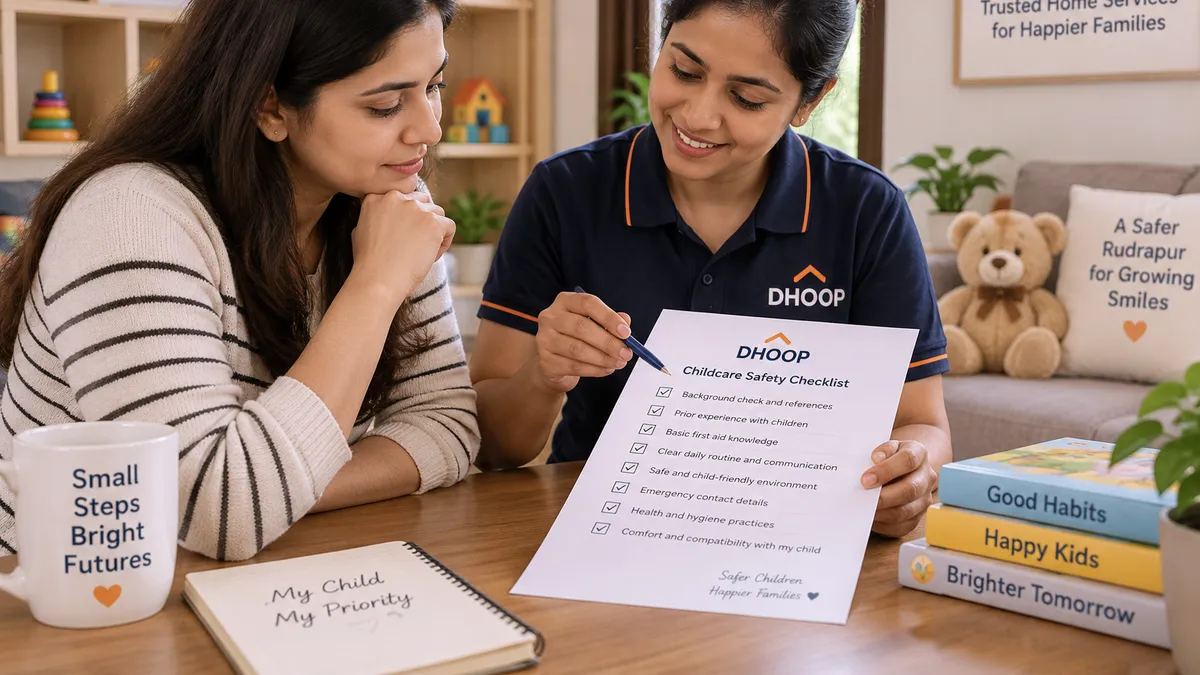 Parent reviewing childcare safety checklist before hiring a babysitter